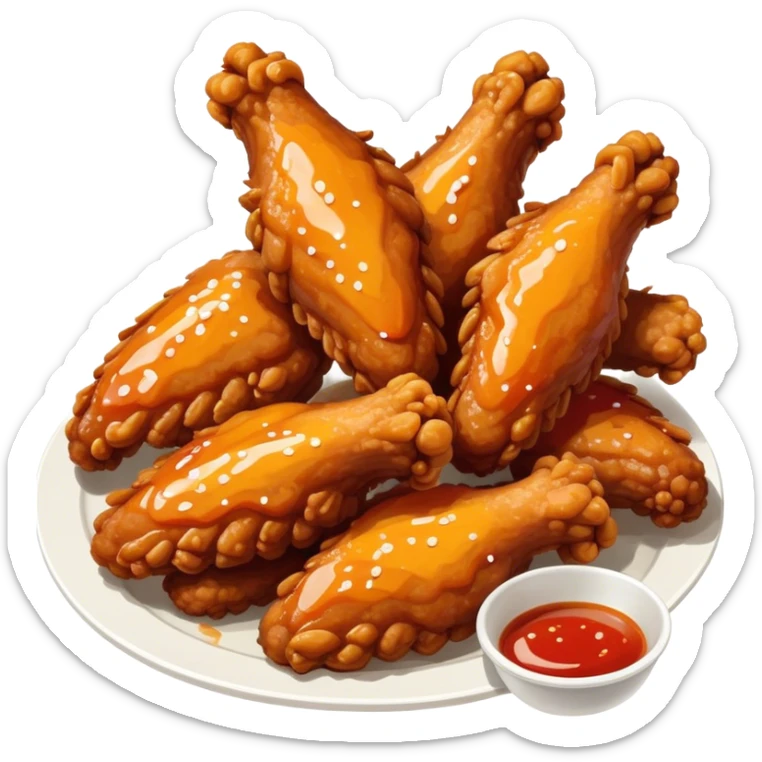 Cinematic crispy chicken wings, golden-brown and glazed with spicy sauce, crunchy coating, juicy inside, piled high with dipping sauce on the side, ultra-realistic and mouthwatering, inviting and bold. sticker