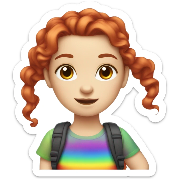 a white girl with long red curly hair in a pony tail with rainbow shirt being cute sticker