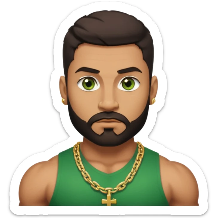 green eyes, dark short hair, muscular shoulders, wide cross, gold chain, big lips big nose big eyes, masculine good looking, dark beard, muscular strong looking sticker