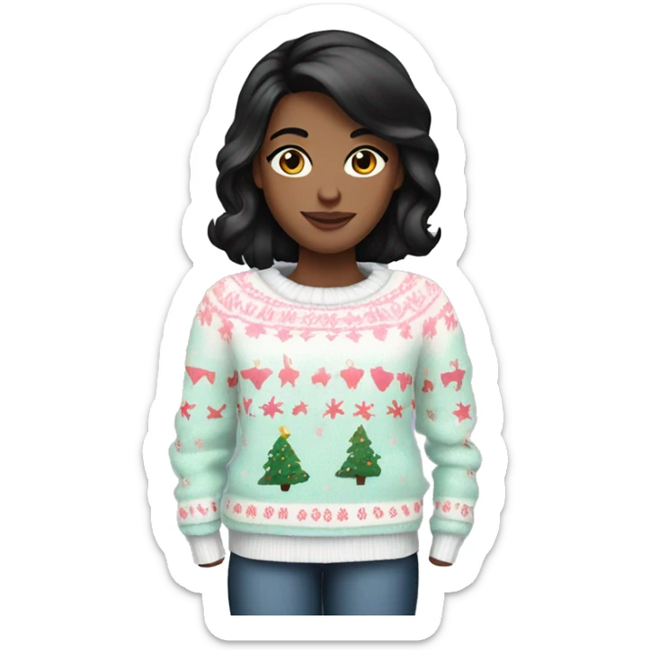 White girl black hair wearing a Pastel Christmas sweater sticker
