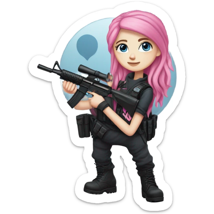 girl, white skin, tactical vest, dark pants, long pink hair, blue eyes, black beanie hat with crescent moon on front, black combat boots, gun, full body sticker