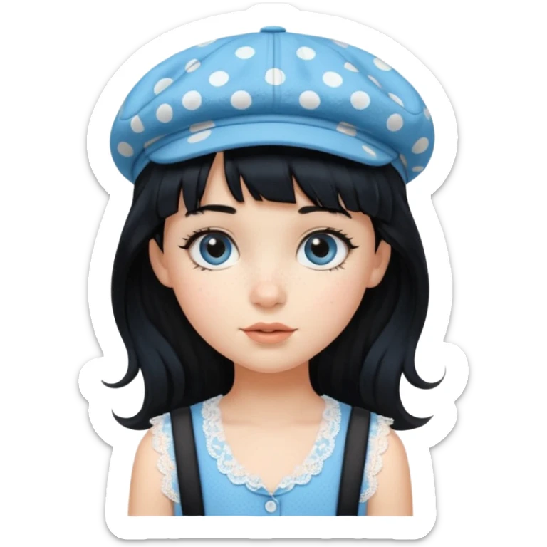 pinterst girl with heavy bang, black long hair and black pica dot newsboy cap on her hat, wearing baby blue color lace sleeveless  sticker