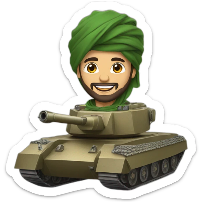 a prince from Saudi Arabia with a beard in a national headdress riding  on a tank, smiling  sticker