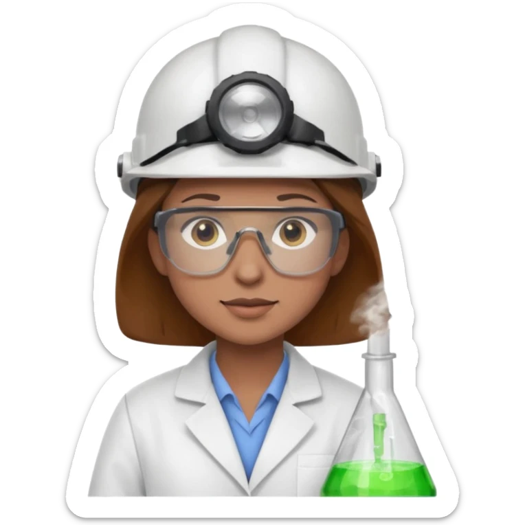 Ingeniera quimica con delantal, casco de seguridad y gafas de seguridad, castaña de ojos claros sticker
