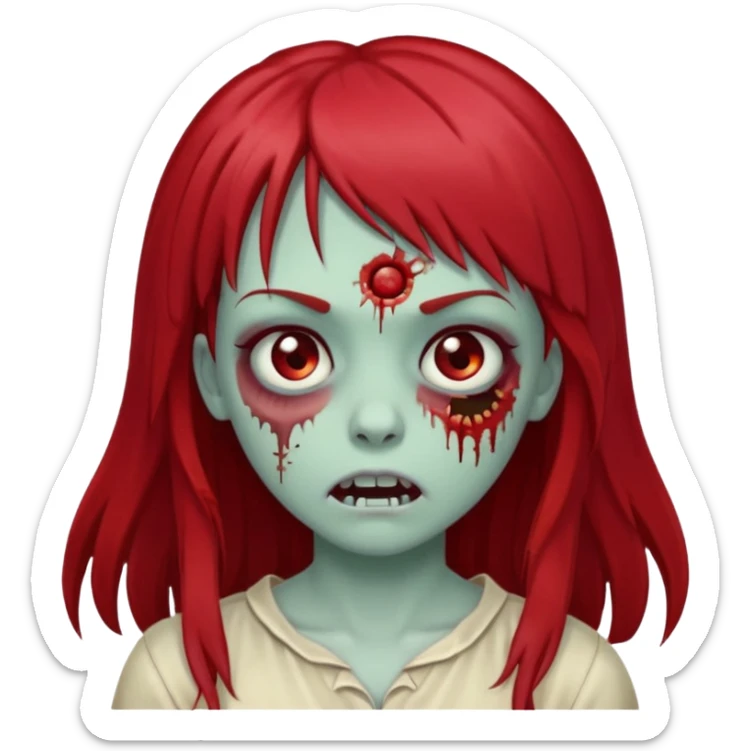 zombie girl, with dark, long red hair and bangs on forehead. Emoji in iOs style. sticker