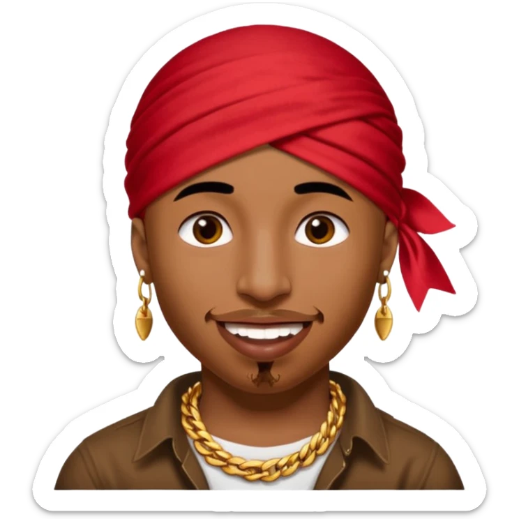 Man with red bandanna tied around his head like Tupac with a happy/innocent smile.. add gold teeth to the man smile sticker