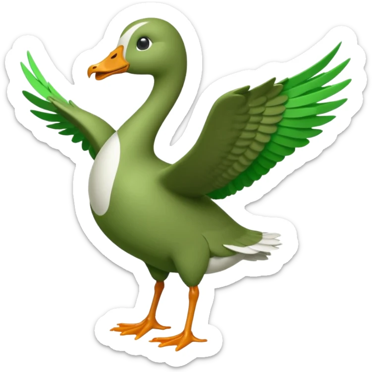 Emoji of a running goose with a very long neck and two legs. Use the shape of 🪿 but color the entire goose bright green (#39C700). Make sure the neck, body, wings, and legs are fully green, like a white goose dyed completely green, with no white parts. sticker