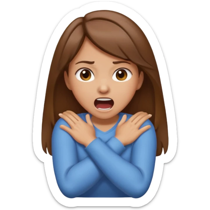 girl with brown hair and light tan skin Arms crossed over neck screaming sticker