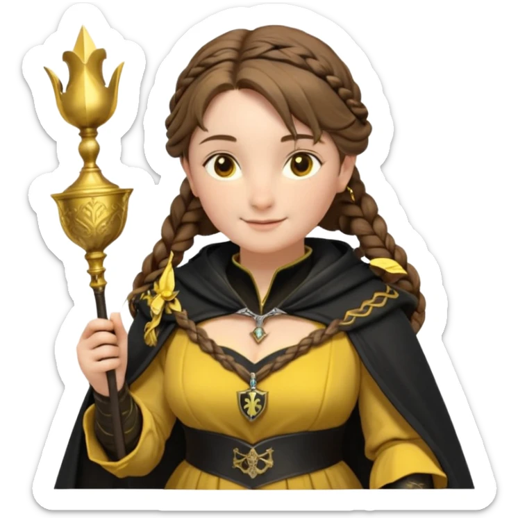 Helga Hufflepuff,the Hogwarts founder of Hufflepuff,brown-haired,2braids,yellow-black medieval dress with black cloak decorated with gold braiding,flickering magic wand and tiny two-handled shiny gold cup engraved with the badger silhouette,very kind smile,curvy busty sweet sticker