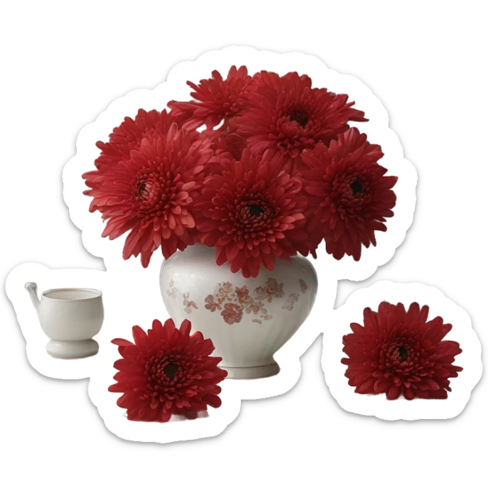 A Victorian oil painting of red chrysanthemums in a delicate porcelain vase on a lace-covered table. sticker