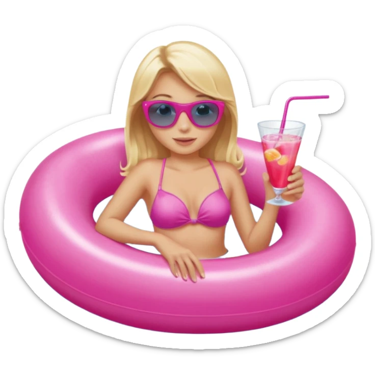 woman with blonde hair and blue eyes sitting in pink pool tube in a pool sipping a drink sticker