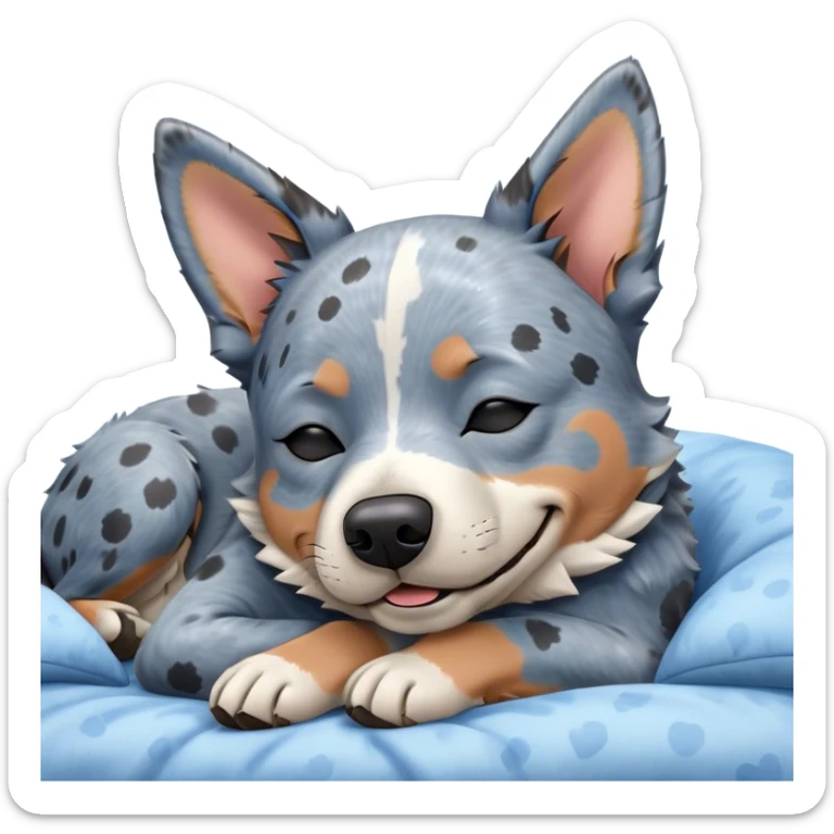 Meme-Worthy Cute Sleeping Blue Speckle Australian Cattle Dog Portrait Emoji, Head resting peacefully with a contented smile, showcasing a robust build and a luxuriously soft blue speckle Fur, eyes shut in a serene nap, Simplified yet hilariously adorable features, highly detailed, glowing with a soft, drowsy light, high shine, relaxed and utterly lovable, stylized with an air of playful laziness, bright and heartwarming, soft glowing outline, capturing the essence of a comically sleepy herder, so meme-worthy it feels like it could instantly become the next viral sensation of adorable slumber! sticker