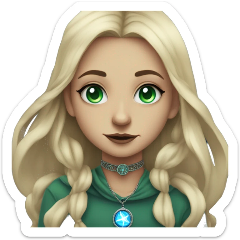 blonde witch girl with green eyes and straight hair with a birthmark above her upper lip wearing a necklace in a form of pentacle with a small blue stone inside doing tarot spread  sticker