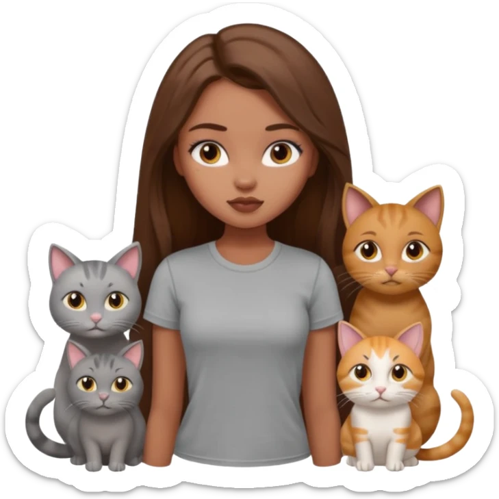 a pretty bratz dusky girl with long brown hair with four cats nd wearing a grey tshirt sticker