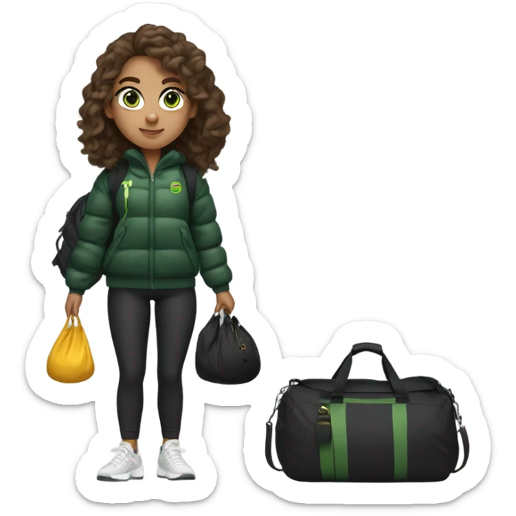 A sporty girl in a black short puffer with brown wavy hair and with a gym bag. Stylish baggy outfit. Green eyes sticker