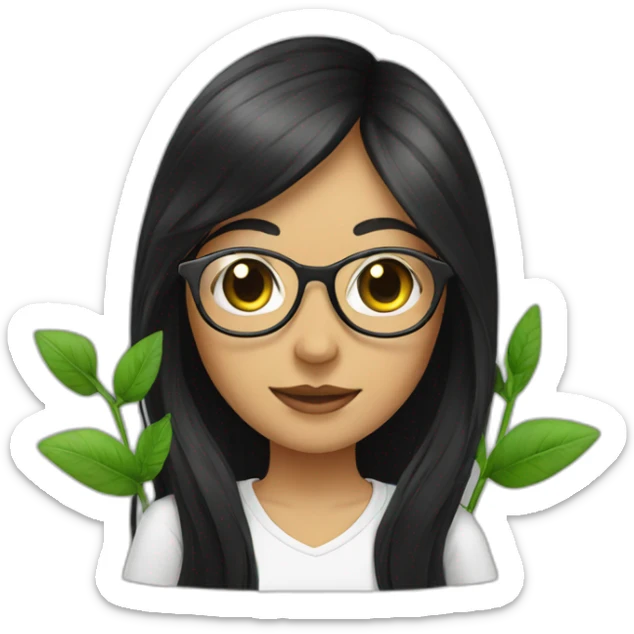 Girl with long black hair and clear thin rinmed glasses holding a plant sticker