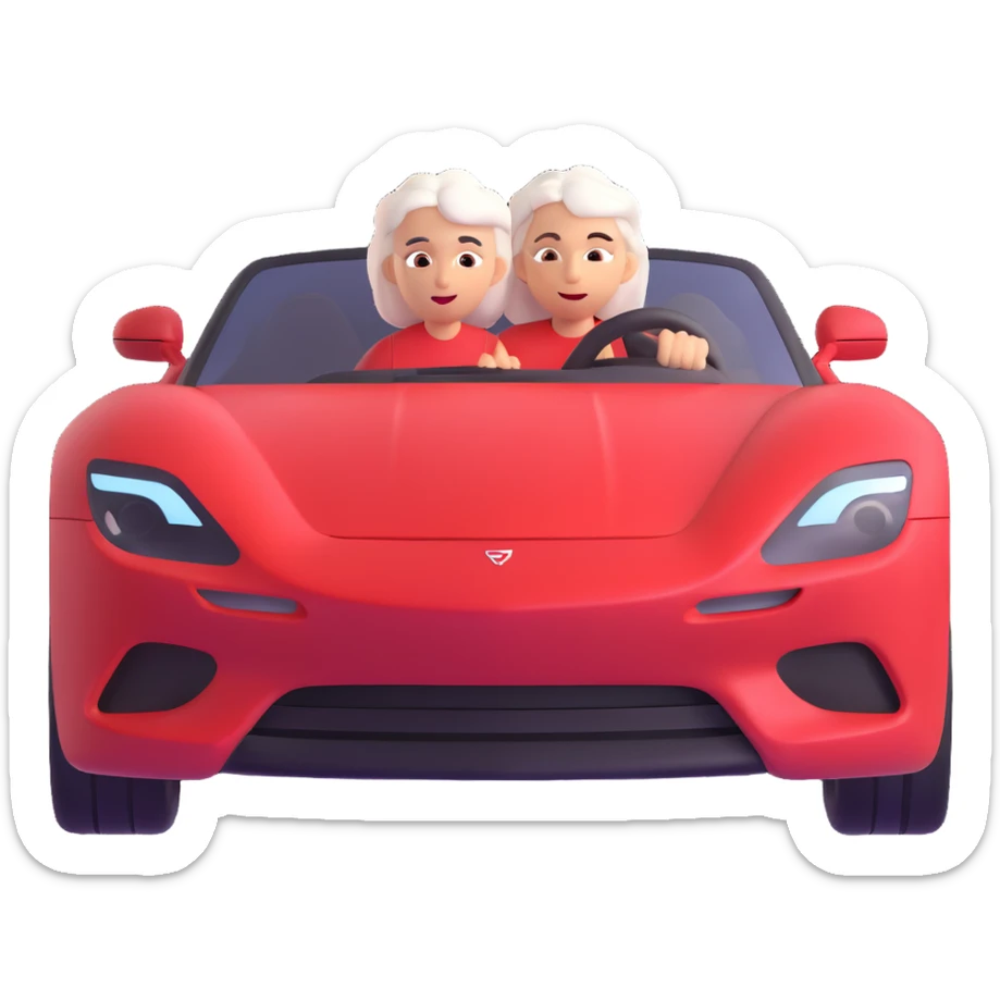 Make the mother with white hair in the red sports car look fast and furious, add dynamic motion effects, intense expression, sporty 3D emoji style, no background sticker
