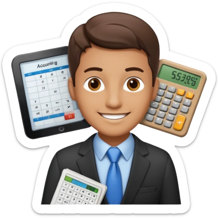 emoji, of a male AUDITOR smiling with Finance spreadsheet , a calculator,plus ADD A puzzle and a Balance for accounting. sticker