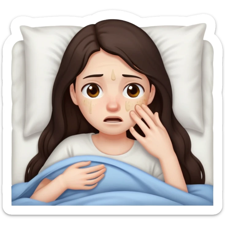 girl with long dark brown hair brown eyes and pale skin with acne crying in bed tired sick sticker
