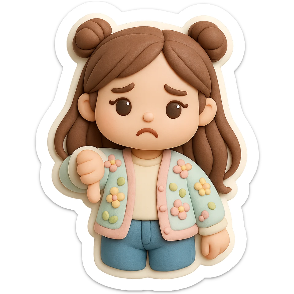 3D chibi fondant cake art style, high-quality rendering with smooth shadows and soft gradients. Girl based on reference image, preserve facial features, long brown hair in two space buns, brown eyes, jeans, pastel floral cardigan, thick white outline like a sticker, transparent background. Thumbs down, disappointed expression, consistent appearance with previous stickers. sticker