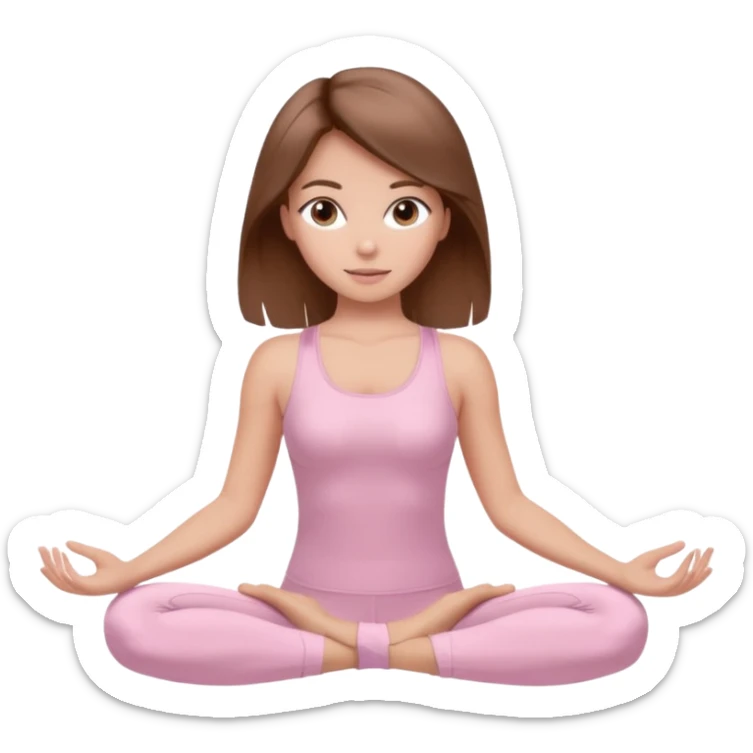 brown hair girl wearing light pink pilates clothes, silk beautiful medium hair and brown eyes, hands down sticker