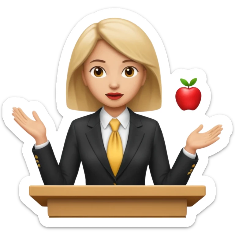 woman giving a speech at a podium, business attire, apple emoji style sticker