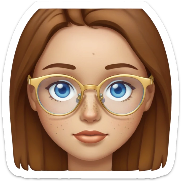 Girl with light skin, brown hair, blue eyes, freckles, and gold glasses sticker