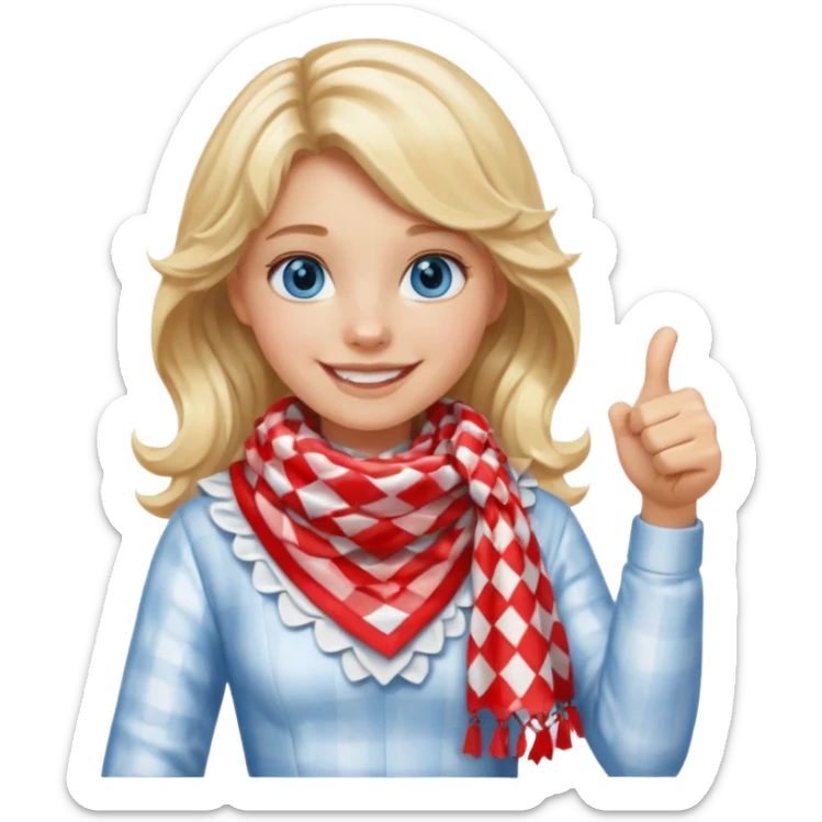 Blonde Girl, Blue Eyes, wavy hair, smiling, thumbs up, wearing red Checkered Triangle scarf, white dress sticker