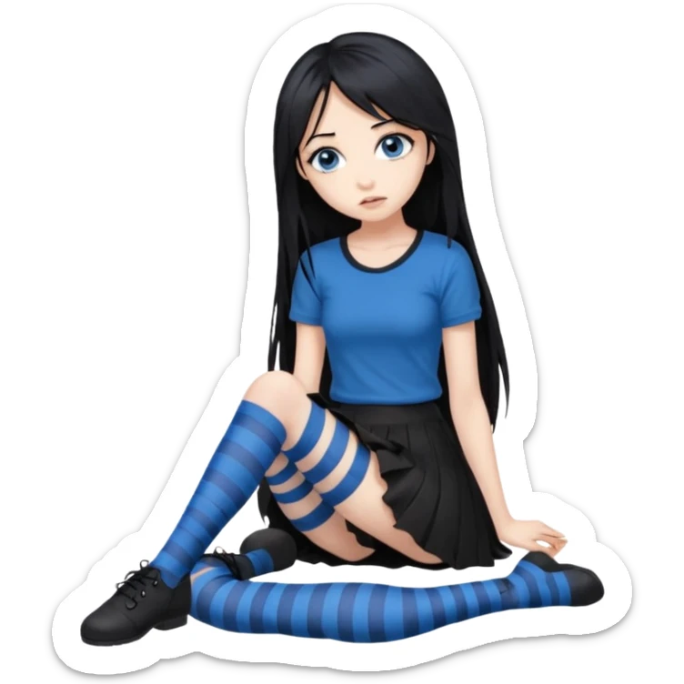 full body Front view emo girl blue eyes super long hair sits on the floor black skirt torn striped stockings sticker