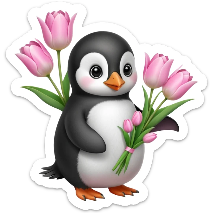 Cute baby penguin holding flower bouquet wraped in white paper and all flowers tulips in pink colour sticker