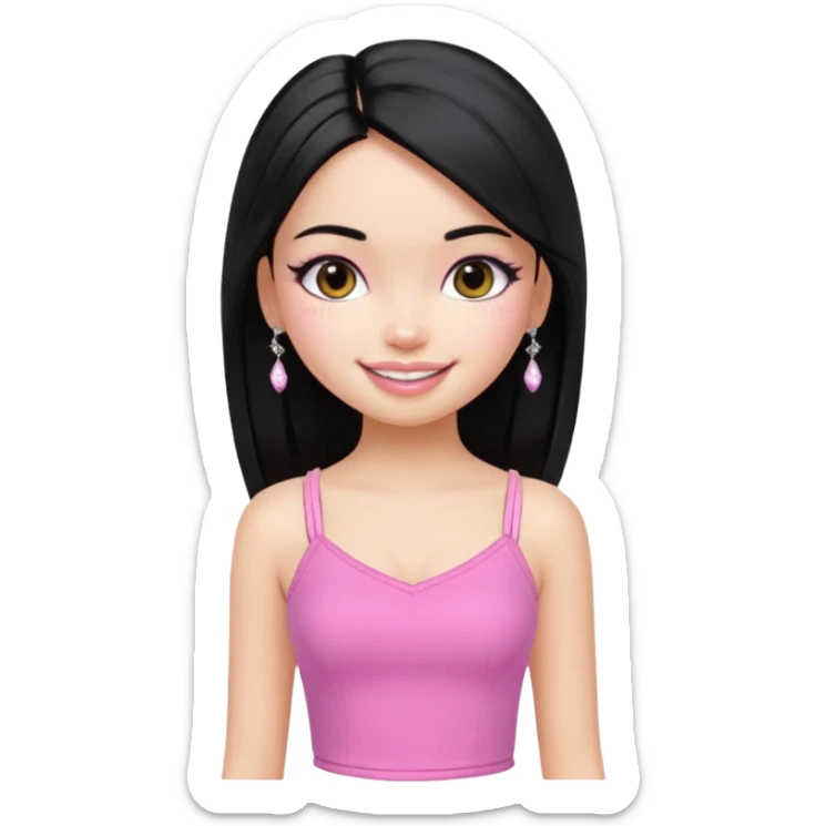 generate a pretty bratz girl with a pink cami top, straight black hair, silver jhumkas on sticker