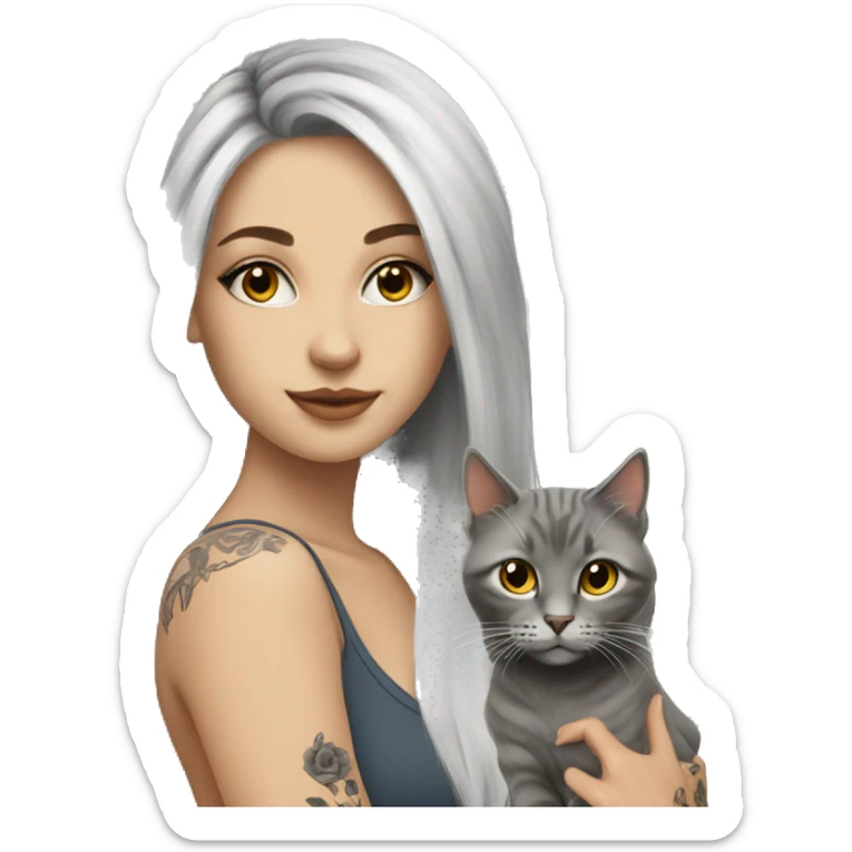 beautiful girl with tattoos, with long blond hair, with grey cat sticker