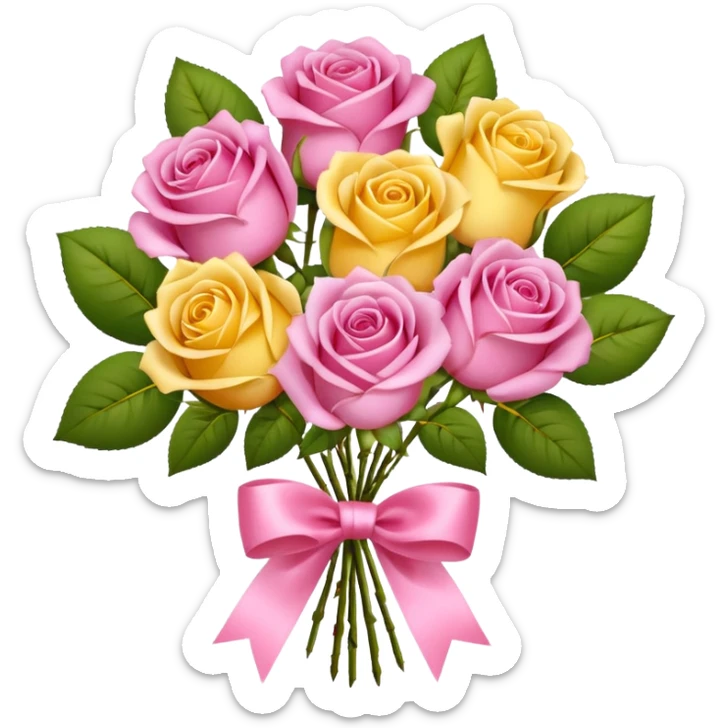 A bouquet of flowers, composed of pink and yellow roses, four blooms in total, tied with ribbon. sticker