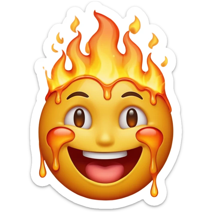 A high-resolution, surreal emoji face with a transparent background. The emoji is simultaneously laughing, crying, and melting while on fire.  sticker