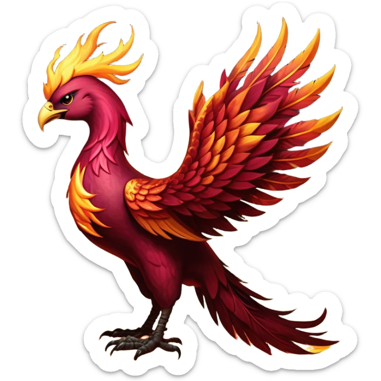 Cinematic Noble Battle-Hardened Mystical Fire Phoenix Portrait Emoji, with scorched, battle-scarred plumage in deep crimson, burnt gold, and smoldering ember hues. Its piercing eyes, hardened by countless conflicts, blaze with unyielding resolve and ancient wisdom. The elongated tail feathers bear vivid marks of fiery combat, rendered with lifelike texture and dynamic highlights, high shine, exuding an aura of mythic martial valor, focused and commanding, with a soft glowing outline that captures a phoenix forged in the fires of war. sticker