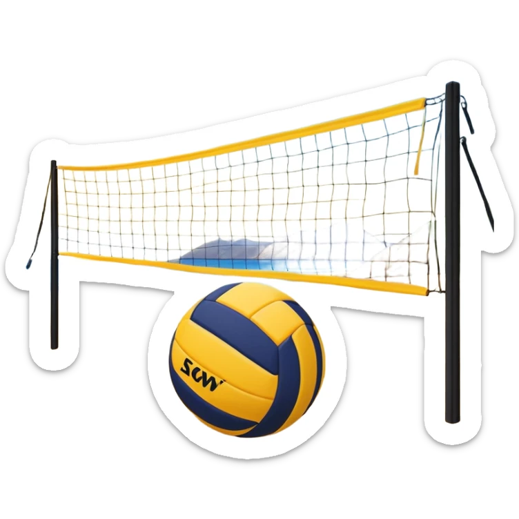 The scene captures the relaxed yet competitive vibe of beach volleyball, with warm sunlight and the natural beauty of the beach. A volleyball resting on the yellow sand on a beach, with the net in the background and a scenic view of the ocean and sky.  sticker
