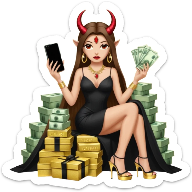 Sensual seductress long brown straight haired sexy drug lord woman with  glitter platform high heels on her feet,  and devil black horns on her head, holding a stack of cash, has a phone in other hand. Sitting on gold cases full of drugs, long black dress with sexy slit sticker