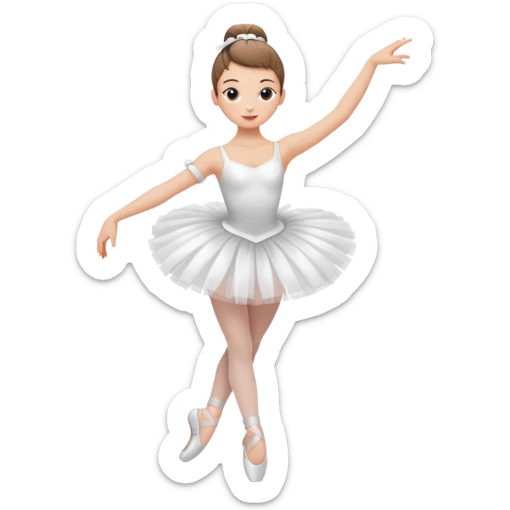 A ballerina dancing with point shoes and in a white tutu with a ribbon on her waist, she has a slick bun and a great posture sticker