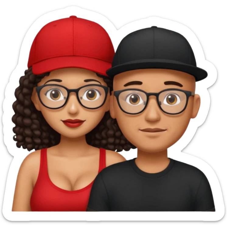 A picture of an embracing tanned couple. the man is a Mexican man with tanned skin, with a bald hair cut wearing a red SnapBack hat and wearing a black shirt. the woman is mixed, with glasses,  with long curly dark brown hair and with big boobs.  sticker