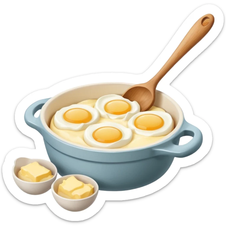 A carton of eggs, butter and a cream ceramic baking bowl with a wooden spoon in it sticker