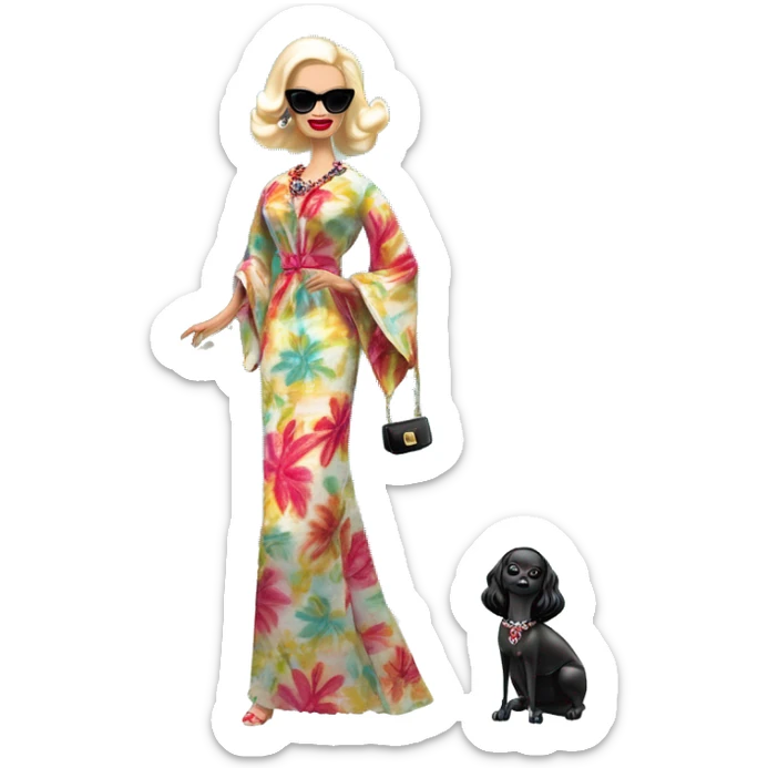 1960’s Palm Beach Breeze Barbie, teen Morticia Addams ,by the pool, white skin, full body visible, wavy hair,handbag, aloof,eyeshadow,earrings,open flowing floral caftan,small 2 piece, sunglasses on forehead,heels,walking Miss Thang sticker