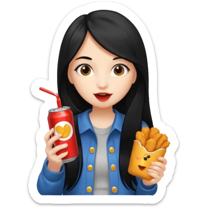 girl with long black hair eating with mouth on the chicken nugget and holding a soda can sticker