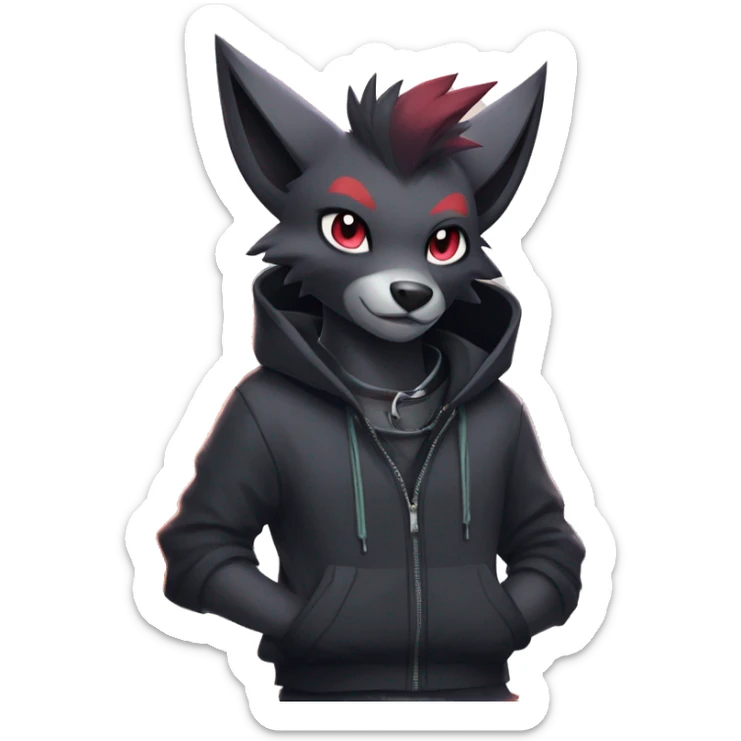 Cool Edgy Zorua-Zoroark-Mightyena with a collar and hoodie-sweater and harness on, full body sticker