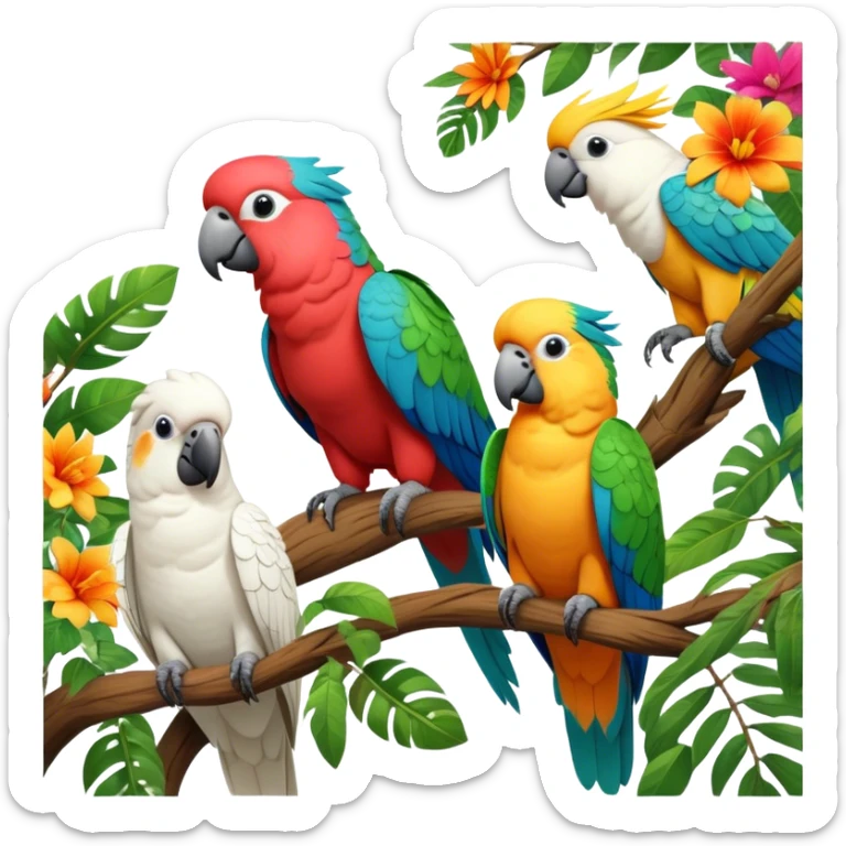 Close-up collage of vibrant Ara parrots and Inca cockatoos sitting on tree branches, surrounded by lush greenery. Bright colors of the birds stand out against a natural, sunny background of trees and flowers. Transparent background. sticker