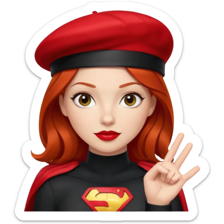 Uma ruiva feliz com batom vermelho com roupa vermelha tipo heroína, com uma boina preta, e uma cara mais “seria” fazendo pose com a mão. sticker