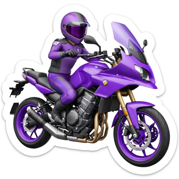 Créer un emoji avec une moto mt07 sport noir mate / violet iridescent très foncé, pare-brise de la moto violet. Avec une pilote dessus visière violet sombre visage caché . Avec fond arrière violet en arrière plan. sticker