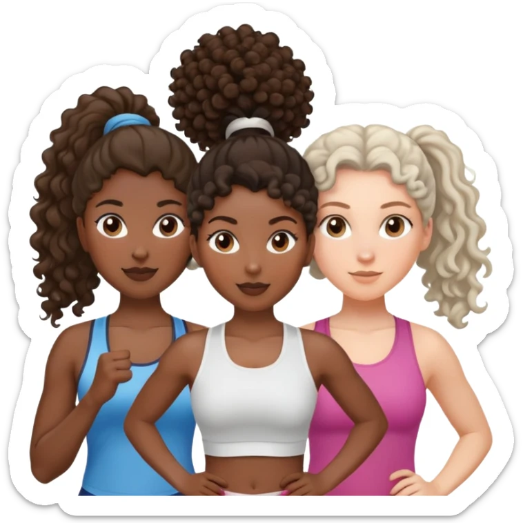 three women friends exercising together, one black woman with curly brown hair, one pale white woman with curly brown hair, and one white woman with straight brown hair in a ponytail positioned on the right sticker
