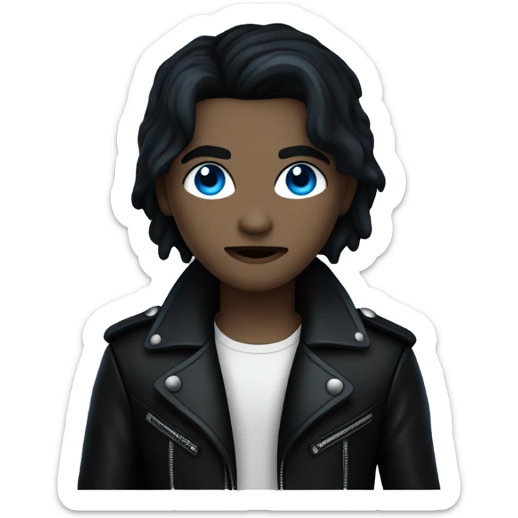 Vampire with white skin, blue eyes, floppy black hair all in black with a black leather jacket sticker