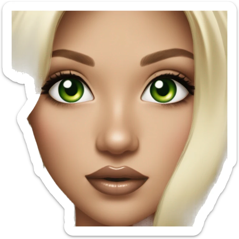 Beautiful girl with voluminous Blonde Long hair & green eyes & big lips & nude lipstick & very small nose & perfect face shape & natural makeup  sticker