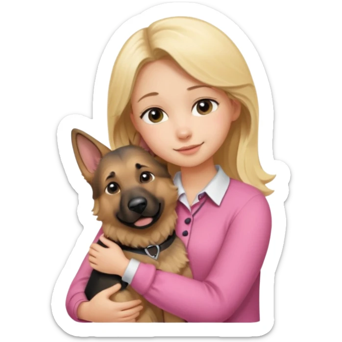 Garota loira fofa usando blusa rosa abraçando um cachorro pastor alemão  sticker